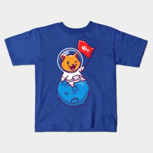 Cute Cat Astronaut Sitting On Moon With Bone Fish Flag Cartoon Kids T-Shirt